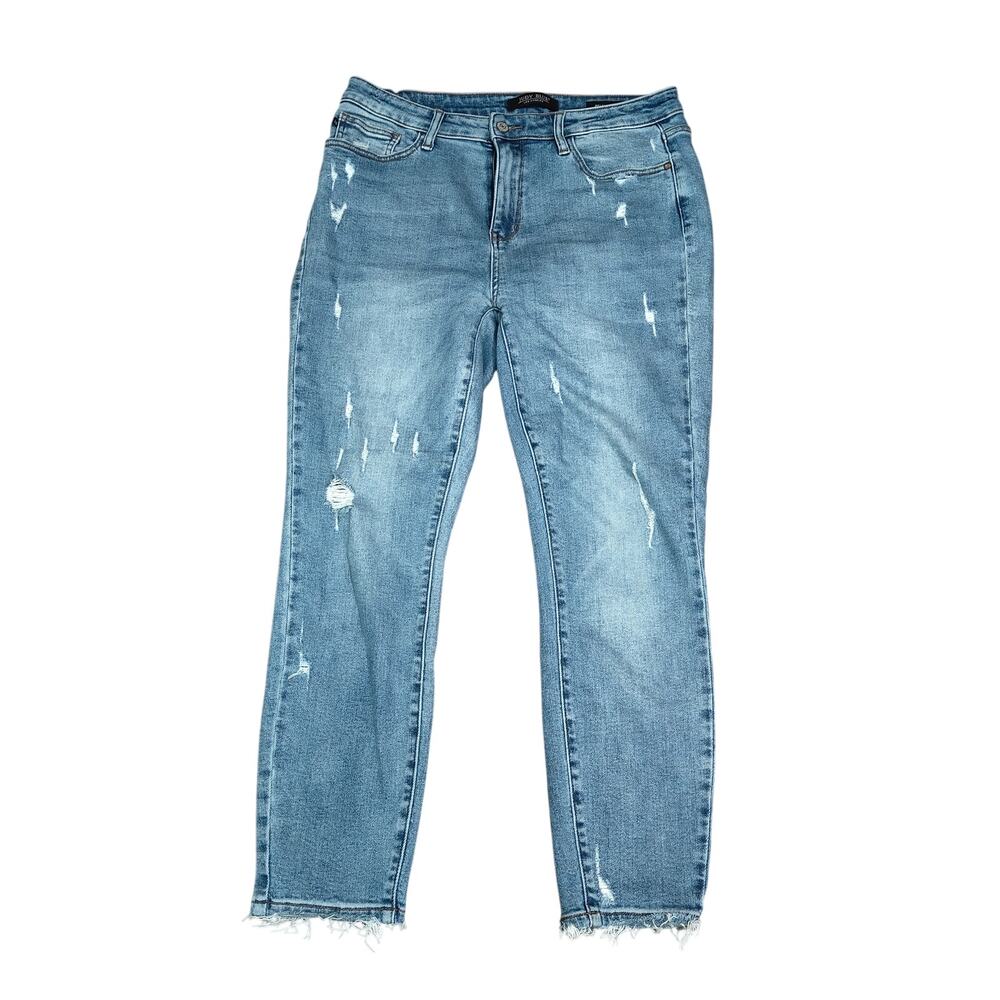 Judy Blue 13/31Relaxed Fit Medium Wash Distressed Hem Jeans Style JB88430